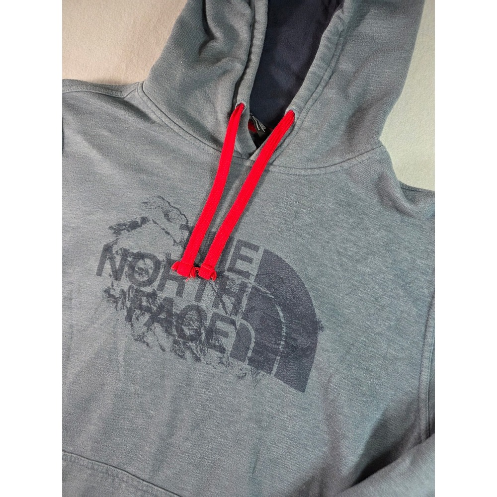 The North Face Mens Gray Graphic Logo Pullover Hoodie Red Drawstring Size M